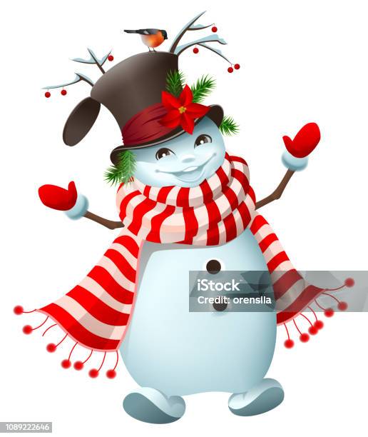 Funny Snowman Welcomes New Year And Christmas Stock Illustration - Download Image Now - Cartoon, Characters, Cheerful