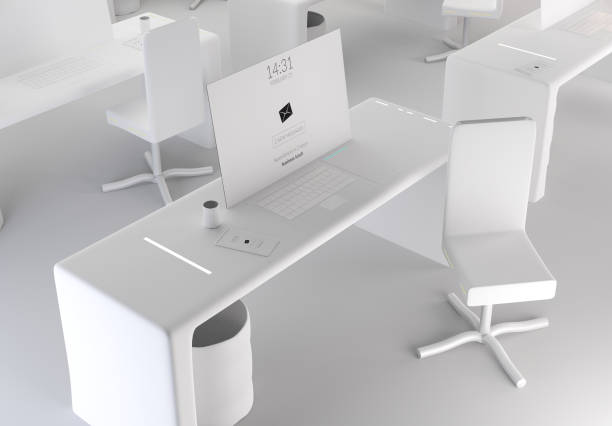 istock white desk with flat computer white chair. modern office 3d-illustration 1089226716