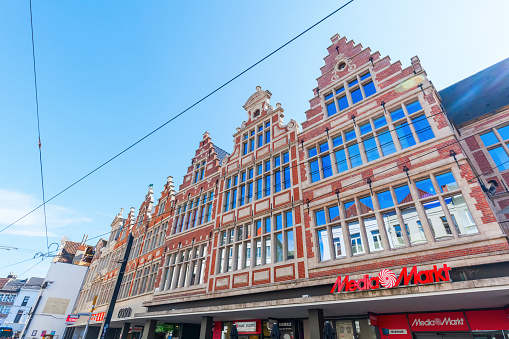 Ghent, Belgium - September 02, 2015: MediaMarkt store in an old building in Ghent. Its a chain of stores selling consumer electronics. Its Europes largest retailer of consumer electronics, and 2nd in the world
