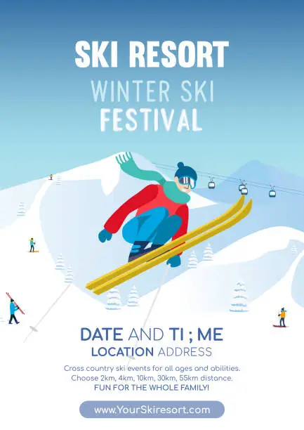 Vector illustration of Winter Ski festival poster invitation vector illustration, Ski resort flyer