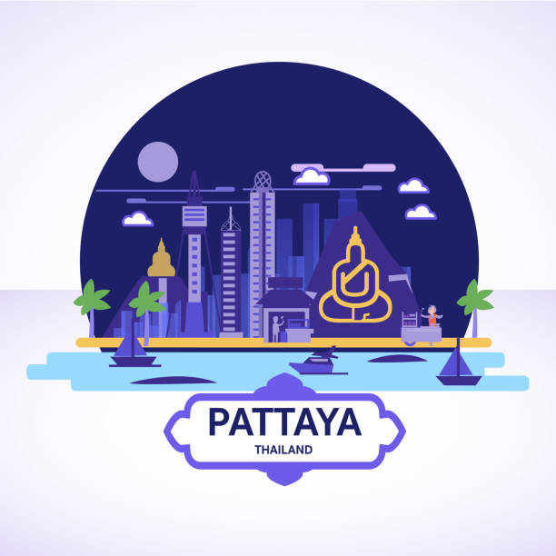 ilustrações de stock, clip art, desenhos animados e ícones de pattaya skyline icon with strret food cart - vector - pattaya