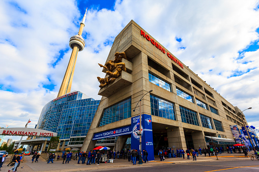 Toronto Canada Feb. 5 2016: Toronto Downtown Core. Outside the Rogers Centre before a Blue Jays baseball game. The Blue Jays were founded in Toronto in 1977, initially owned by the Labatt Brewing Company.