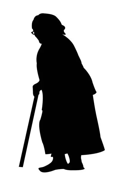 Vector illustration of an old woman walking with baton, silhouette vector