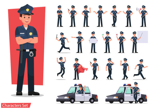 ilustraciones, imágenes clip art, dibujos animados e iconos de stock de diseño de vectores de carácter policial - policía