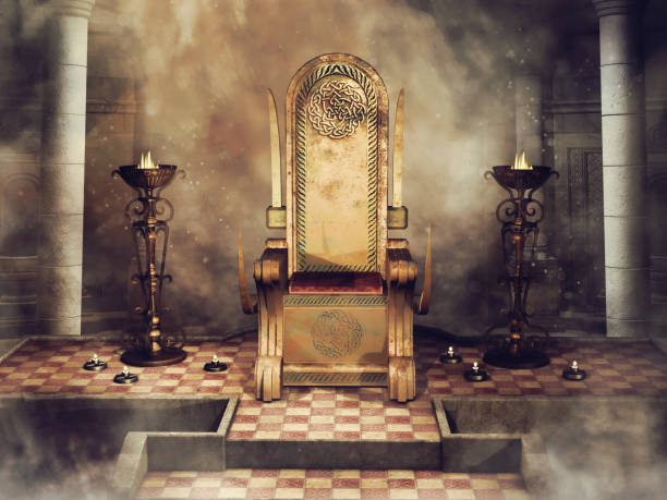 Fantasy Celtic throne with burners and candles Fantasy throne with Celtic ornaments in an old castle with burners and candles. 3D render. throne stock pictures, royalty-free photos & images