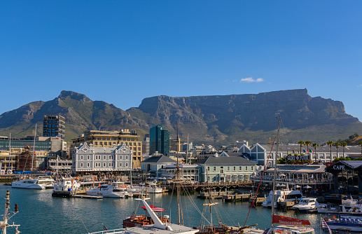 November 28, 2018, Cape Town, South Africa: A panoramic view of Table Bay Harbour, South Africa's oldest working harbour, Table Mountain and the waterfront in Cape Town, South Africa is seen.