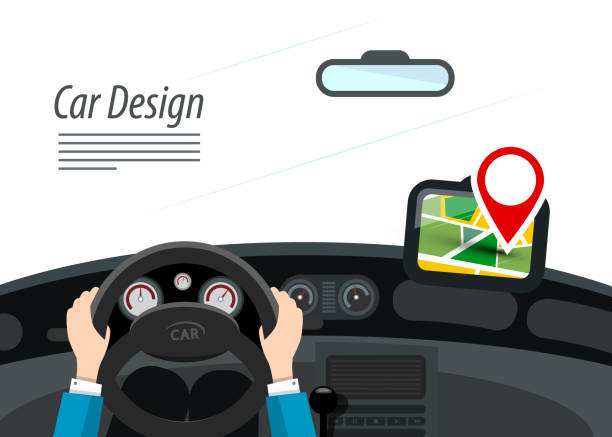 Car Interior with Hands on Steering Wheel vector art illustration