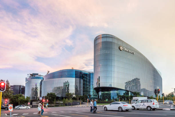 Discovery building in Sandton city at sunset stock photo