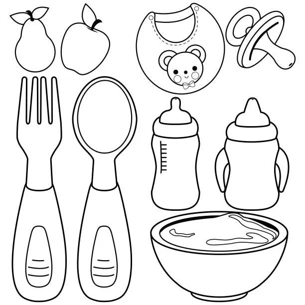 Vector illustration of Baby food tableware set. Black and white coloring book page