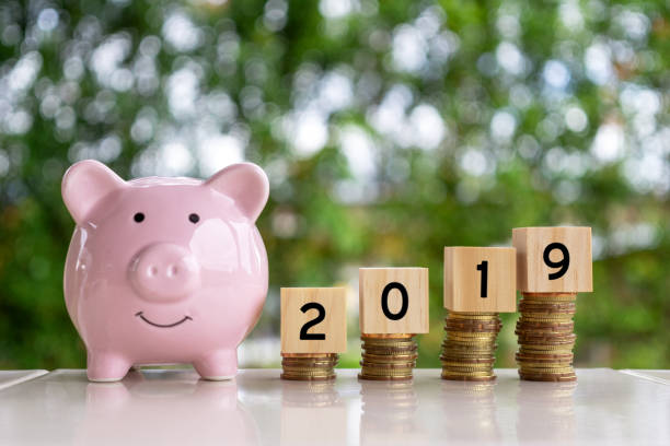 istock Piggy Bank Coins Stack and Wooden Blocks with Number 2019 1089284346