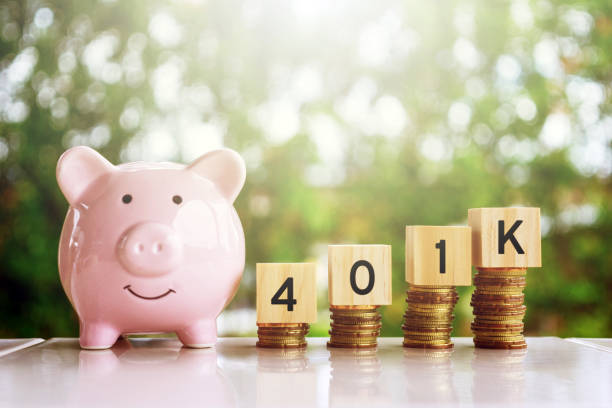 Piggy Bank and Wooden Blocks with Number 401k stock photo