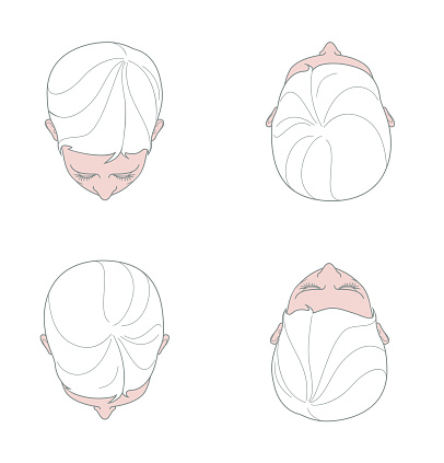 Female head view from above. A woman performs self-massage of her head with her hand. Vector. Isolated on white background