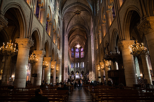 Paris, France -  Interior of Cathedrale Notre Dame, medieval Catholic cathedral.