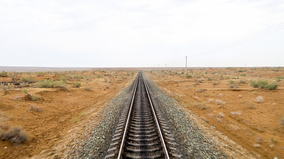 View From The Last Train Wagon Over The Desert of Uzbekistan