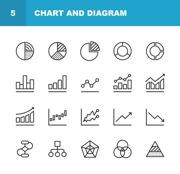 차트 및 다이어그램 라인 아이콘 편집 가능한 선입니다. 픽셀 완벽 한입니다. 모바일과 웹. 주식 시장 데이터, 진행 보고서, 막대 그래프, 원형 차트, 조직도 같은 아이콘을 포함 되어 있습니다. - 그래프 stock illustrations