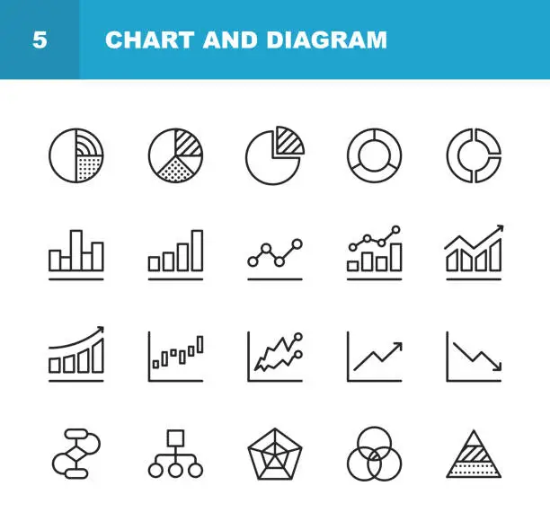 Vector illustration of Chart and Diagram Line Icons. Editable Stroke. Pixel Perfect. For Mobile and Web. Contains such icons as Pie Chart, Stock Market Data, Organizational Chart, Progress Report, Bar Graph.