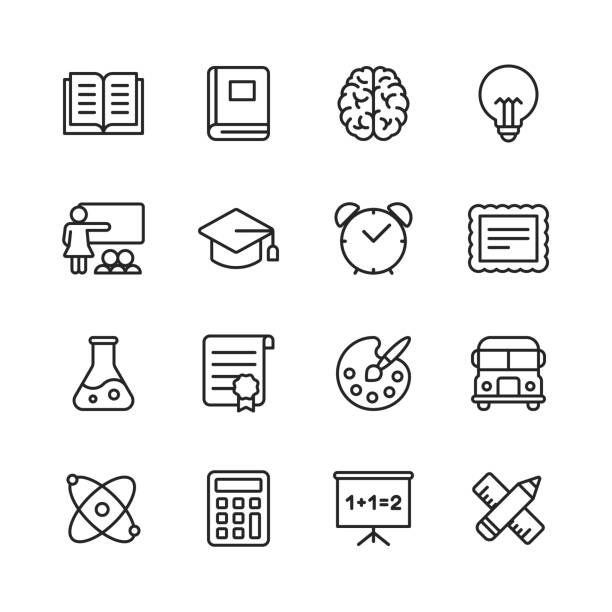 ilustrações de stock, clip art, desenhos animados e ícones de education line icons. editable stroke. pixel perfect. for mobile and web. contains such icons as book, brain, inspiration, school bus, certificate. - drawing illustration and painting vector computer icon