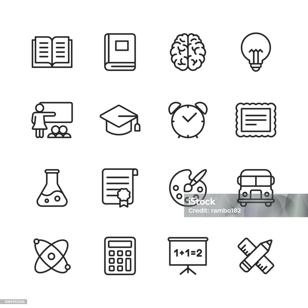 Education Line Icons. Editable Stroke. Pixel Perfect. For Mobile and Web. Contains such icons as Book, Brain, Inspiration, School Bus, Certificate. 48x48. Icon Symbol stock vector