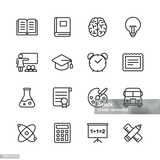 Education Line Icons Editable Stroke Pixel Perfect For Mobile And Web Contains Such Icons As Book Brain Inspiration School Bus Certificate Stock Illustration - Download Image Now