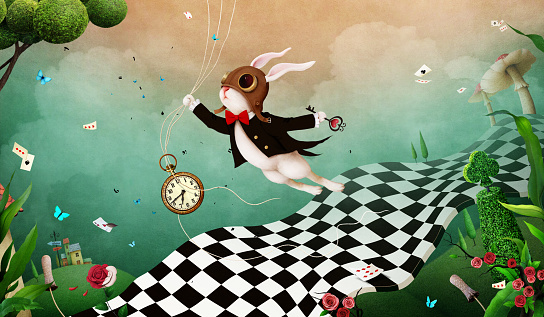 Magical fantasy background Wonderland with  Rabbit and  chess road. Computer graphics.