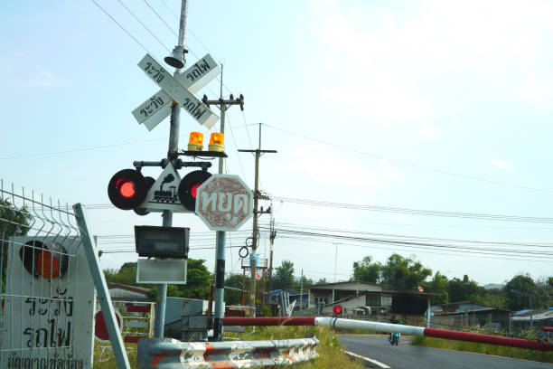 istock sign for please beware of the train 1089297076