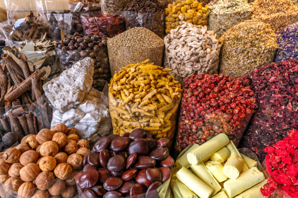 Pretty bags of spices and frankincense at the market in Dubai, UAE