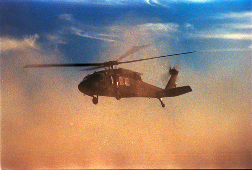 US chopper kicking up the Arabian sand during Dessert Storm, 1990.