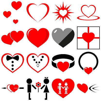 Valentine's day, love and heart icon pack. Funny pictograms of a couple. Concept of love, relationship, emotions and gifts.