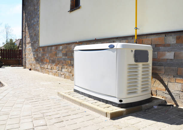 Residential house natural gas backup generator. Choosing a location for house standby generator. Residential house natural gas backup generator. Choosing a location for house standby generator. generator photos stock pictures, royalty-free photos & images
