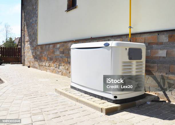 Residential House Natural Gas Backup Generator Choosing A Location For House Standby Generator Stock Photo - Download Image Now