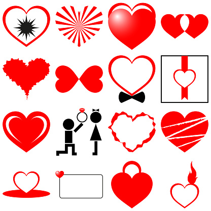 Valentine's day, love and heart icon pack. Funny pictograms of a couple. Concept of love, relationship, emotions and gifts.