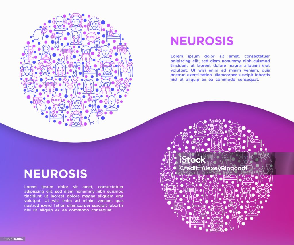 Neurosis concept in circle with thin line icon: panic attack, headache, fatigue, insomnia, despair, mood instability, stuttering, psychalgia, dizziness. Vector illustration, print media template. - Royalty-free Depressão - Tristeza arte vetorial