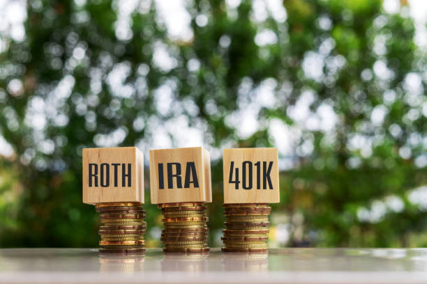 IRA ROTH 401K Wooden blocks with text IRA ROTH 401K. Business and finance concept. pension photos stock pictures, royalty-free photos & images