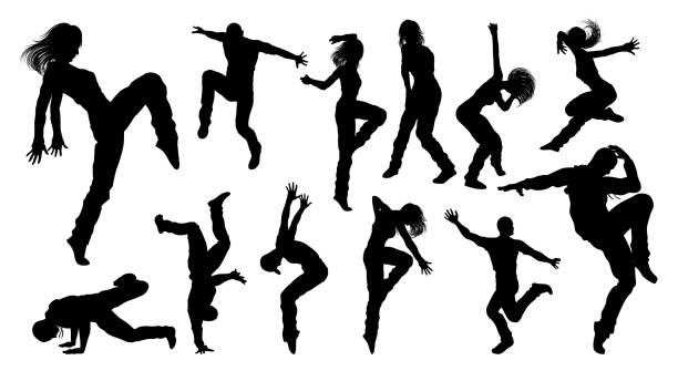 ilustraciones, imágenes clip art, dibujos animados e iconos de stock de siluetas de bailarina de baile callejero - silhouette people dancing the human body