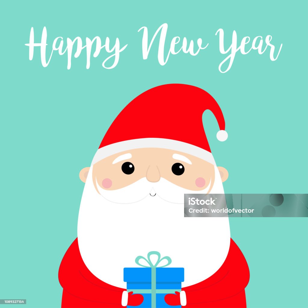 Happy New Year Santa Claus Holding Gift Box Funny Face Head Candy Cane Merry Christmas Red Hat Moustaches Beard Cute Cartoon Funny Kawaii Baby Character Flat Design Blue Background Stock Illustration - Happy New Year Santa Claus Holding Gift Box Funny Face Head Candy Cane Merry Christmas Red Hat Moustaches Beard Cute Cartoon Funny Kawaii Baby Character Flat Design Blue Background Stock Illustration -
