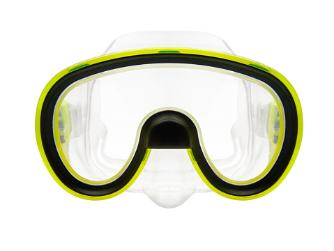 Isolated objects: yellow silicone snorkeling or diving mask on white background