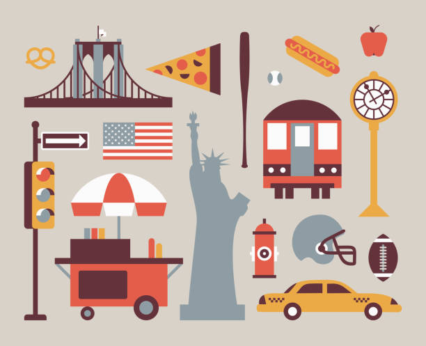 New York city, vector flat illustration, icon set New York city, vector flat illustration, icon set: traffic light, flag, shop, bridge, pizza, statue of liberty, baseball, hot dog, train, apple, clock, rugby, car new york state illustrations stock illustrations