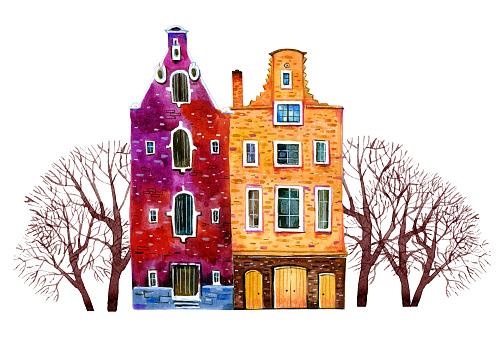 Two watercolor old stone europe houses. Amsterdam buildings with trees. Hand drawn cartoon  illustration isolated on white background