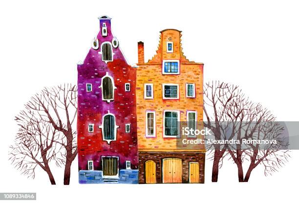 Two Watercolor Old Stone Europe Houses Amsterdam Buildings With Trees Hand Drawn Cartoon Illustration Stock Illustration - Download Image Now