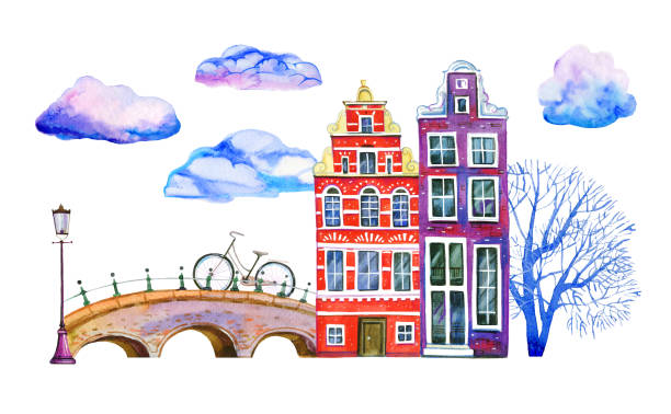 амстердам акварель нарисованная вручную иллюстрация. два дома с мостом, фонарем, деревьями, облаками и велосипедом - posing cloud sky window stock illustrations