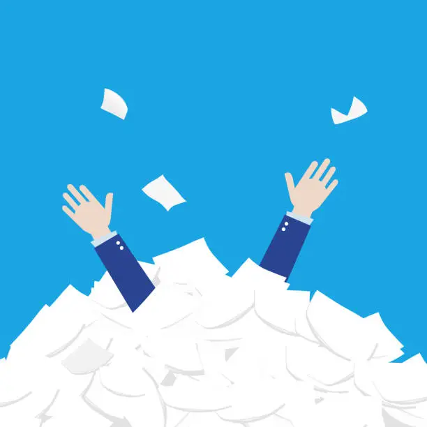 Vector illustration of Man with his hands up in a pile of papers. Business or scientist concept. Vector illustration.