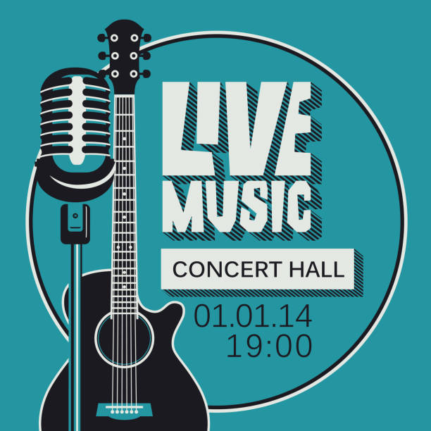 ilustraciones, imágenes clip art, dibujos animados e iconos de stock de cartel para concierto de música en vivo con micrófono y guitarra - musical instrument string illustrations