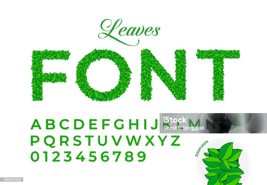 Font and alphabet from flat green leaves. Vector illustration. Leaf stock vector