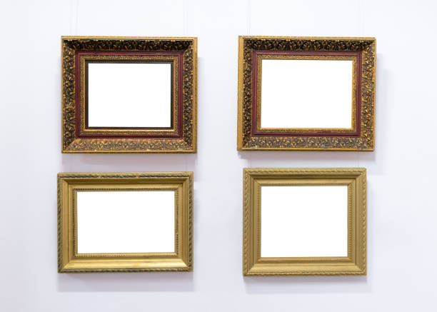 istock Blank empty frames hanging on museum wall. Art gallery, museum exhibition white clipping path. 1089338360