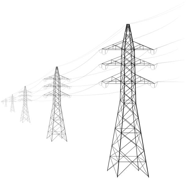 Overhead power line. A number of electro-eaves departing into the distance. Transmission and supply of electricity. Procurement for an article on the cost of electricity or construction of lines. Overhead power line. A number of electro-eaves departing into the distance. Transmission and supply of electricity. Procurement for an article on the cost of electricity or construction of lines. Black and white. electricity silhouettes stock illustrations