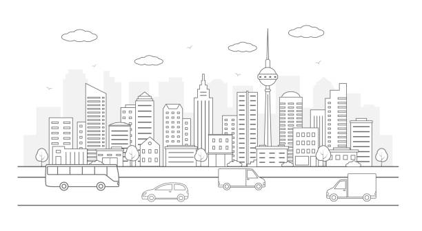 Modern urban landscape. City life illustration with house facades,road and other urban details. Modern urban landscape. City life illustration with house facades,road and other urban details. Line art. Vector. traffic illustrations stock illustrations