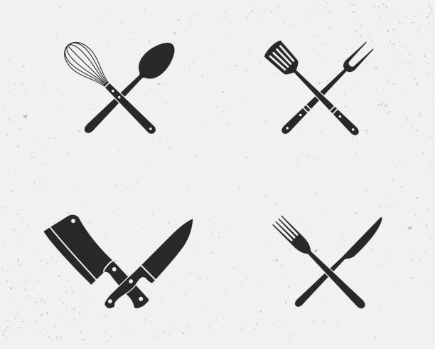 illustrazioni stock, clip art, cartoni animati e icone di tendenza di set di coltelli da ristorante e icone degli strumenti della griglia del barbecue. coltelli da ristorante isolati su sfondo bianco. illustrazione vettoriale - articoli casalinghi