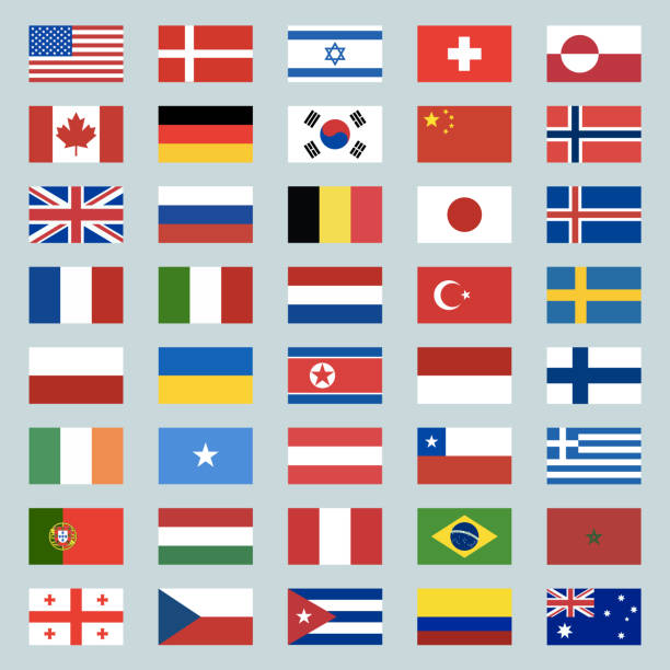 illustrations, cliparts, dessins animés et icônes de jeu de 40 icônes de drapeaux de monde. usa, portugal, israël, suisse, canada, allemagne, corée du sud, chine, grande-bretagne, russie, brésil, japon, france, italie, pays-bas, turquie. illustration - european union symbol