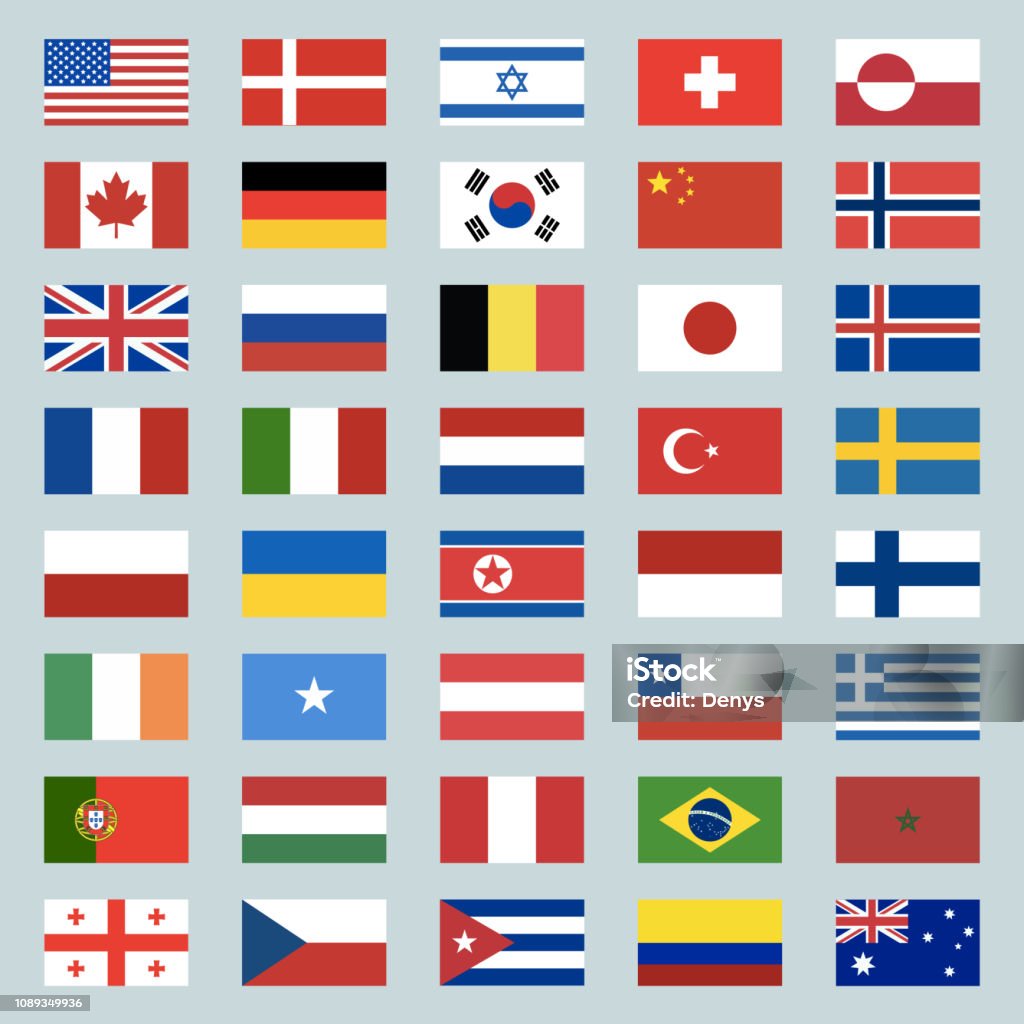 Set of 40 world flags icons. USA, Portugal, Israel, Switzerland, Canada, Germany, South Korea, China, Great Britain, Russia, Brazil, Japan, France, Italy, Netherlands, Turkey. Illustration Vector illustration Flag stock vector