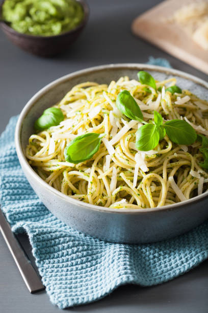 istock spaghetti pasta with avocado basil pesto sauce 1089350480